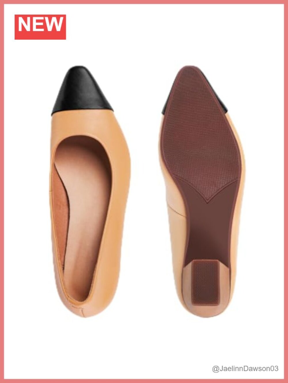 Genuine Leather Low Block Heel Pump Slip-On Pointed Toe Cap Toe Dress Shoe